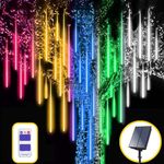Roytong Solar Meteor Shower Rain Lights with Remote and Timer, 12in 10 Tubes 240 LEDs Christmas Lights Outdoor Falling Raindrop Fairy String Icicle Light for Xmas Tree Decoration Patio