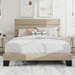 SHA CERLIN Full Platform Bed Frame with Upholstered Fabric Headboard, Mattress Foundation with Strong Wooden Slats Support, No Box Spring Needed, Beige