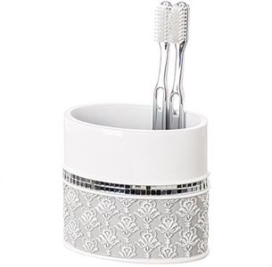 Creative Scents Gray & White Toothbrush Holder for Bathroom - Mirror Damask Toothbrush and Toothpaste Holder - Decorative Toothbrush Cup for Bathroom Holds Multiple Standard Or Electric Toothbrushes