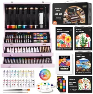 Shuttle Art Deluxe Gift Art Kit, 202-Piece Wooden Art Supplies Set with 4 Drawing Pads, Canvases, Coloring Sheets, Acrylic Paint, Crayons, Oil Pastels, Colored Pencils for Kids