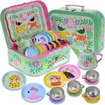 Jewelkeeper 15 Piece Kids Party Tin Tea Set for Toddlers - Pretend Toy Tin Tea Set & Carrying Case - Safari Design Toy tea set for toddlers - kids tea sets for girls and boys