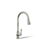 Kohler K-99259-SN Artifacts Single-Hole Kitchen Sink Faucet with 17-5/8-Inch Pull-Down Spout, 3-Function Sprayhead, and Turned Lever Handle, Polished Nickel