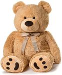 JOON Huge Teddy Bear - 38 Inches, Tan, Fluffy Faux Fur, Ribbon & Bow Signature Footprints- Huggable & Lovable Joy - Ideal Gift for Baby Showers, Loved Ones – Perfect Large Cuddly Plush Toy Companion