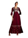 madhuram textiles Women's Vichitra Silk Crus Traditional Ethnic Long Gown Dress With Sequance Embroidery Work Long Kurta(M-2445 Maroon_X-Large)