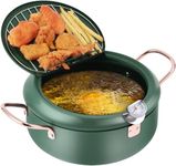 Japanese Deep Fryer Pot, Small Tempura Frying Pot with Lid Oil and Thermometer, 304 Stainless Steel Frying Pot for Family Frying Tempura, French Fries and Chicken Nuggets, 9.5inch