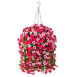 INXUGAO Hanging Baskets with Artificial Flowers for Plants Outdoor Indoor, Faux Silk Morning Glory Vines, Faux Green Plant Arrangement for Garden Patio Spring Summer Decor(Rose red)