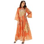 OBEEII Abayas for Women Muslim Applique Embroidery Long Sleeve Maxi Dress Loose Full Cover Islamic Dubai Robe Kaftan Abayas, Orange, Small