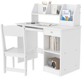 Qaba Kids Desk and Chair Set for 5-8 Year Old with Storage, Study Table and Chair for Children, White