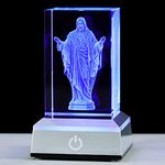 YWHL 3D Crystal Sacred Heart of Jesus Figurine with Colorful Light Base, Laser Engraved Classic Religious Statues Gifts for Women Men, Great Home Decor for Christian Catholic