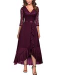 Miusol Women's V-Neck Floral Lace Classy Ruffle Design Wedding Party Maxi Dress (Large, Wine)