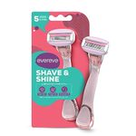 Evereve Shave & Shine 5 blade Razor for women, 1Pc, Quick & Easy hair removal with Aloe Vera, Argan Oil & Vitamin E, Flexible & rounded head, Non-slip rubber handle