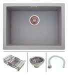 Zinzer Single Bowl, Quartz Kitchen Sink, Grey Color 24 x 18 x 8, German Engineered, Smooth Metallic Finish | Box includes Kitchen Sink, Sink Coupling, Hose Pipe, Drainer Basket