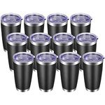 VEGOND 20oz Tumbler with Lid and Straw Stainless Steel Tumbler Cup Bulk Vacuum Insulated Double Wall Travel Coffee Mug Powder Coated Coffee Cup, Black 12 Pack