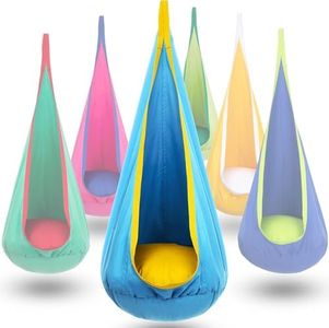 Y- STOP Kids Pod Swing Chair, Hanging Hammock Chair with Inflatable Pillow, Sensory Swing Chair with Pocket for Outdoor and Indoor, Max 176Lbs(Blue and Yellow)