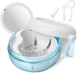 Leakproof Denture Bath Case, Denture Cup Kit with Cleaner Brush, Portable Retainer Case for Traveling, Denture Box with Strainer & Magnetic Mirror for Retainer, Mouth Guard, Denture (White)