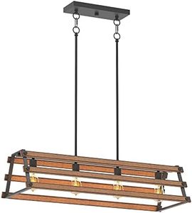 Inlight 34" Wide Farmhouse 4-Light Kitchen Island Pendant Light, Textured Black and Faux Painted Wood Finish, Rustic and Industrial Design Linear Chandelier for Dining Room, IN-0335-4-WD