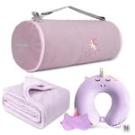 urnexttour Kids Travel Blanket and Pillow- Premium Soft Purple Airplane with Adjustable Bag, Hand Luggage Belt Compact Pack Large for Car, Road Trip, Home Use (60''*41'' in) (Unicorn Pillow)