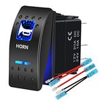 HOKAAER Horn Momentary Rocker Switch 12V/20A 24V/10A Waterproof 5Pin SPST Mom (ON)-Off Toggle Switch Blue LED Light, with Jumper Wires Set for Car Marine Boat Truck Trailer 4x4 Caravan RV SUV ATV UTV