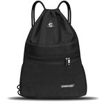 Drawstring Gym Sport Bag String Waterproof Pocket Zipper Sack Backpack for Women Men Travel Kit Bag for Hiking School Students PE Bag Outside Swimming Adult Beach Holidays (Black)