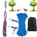 Dog Tie Out Cable for Camping - 100FT Heavy Duty Overhead Trolley System and Dog Rope Toys with a Big Spring Pole Kit for Dogs up to 200lbs, Portable Reflective Dog Lead Line for Outdoor