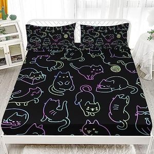 AILONEN Full Size Cat Bed Sheet 3 Pieces Set, Cute Animals Bedding Set for Kids Boys Girls,Breathable Soft Gradient Line Cat Sheet Fitted Sheet and 2 Pillowcases