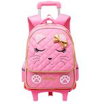 FEWOFJ School Bag Rolling Backpack for Girls, Kids Wheeled Backpacks Trolley Bag with Wheels (Cat Pink)