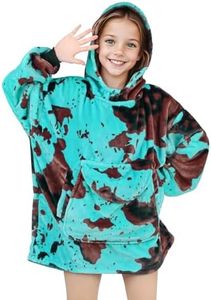 KIVEE Wearable Blanket Hoodie Kids Blue Cow Print Sweatshirt With Giant Pocket - Warm Cozy Hooded Blanket for 6-10 Year Old Girl Boy Birthday Gifts