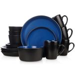 Stone Lain 16 Pieces Two-Tone Color Glaze Without Rim Stoneware Round Dinnerware Set, Blue and Black| 13.43 x 12.71 x 11.46 inches|