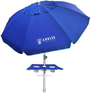 AMMSUN 7ft Heavy Duty High Wind Beach Umbrella with sand anchor, Built-in Table Tray & Tilt Pole, UPF 50+ Windproof Portable Outdoor Umbrellas Carry Bag for Patio Garden Pool Backyard Navy