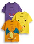 Pokemon Boys T-Shirt Pack of 3 | Yellow, Orange & Purple Short Sleeve Graphic Tee Bundle | Pikachu Charizard Gengar Gaming Multi-Pack Clothing Set | Game TV Series Movie Merchandise Gift Bundle