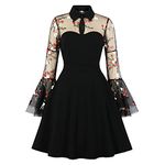 Wellwits Women's Floral Embroidery Mesh Bell Sleeves Gothic Vintage Dress S