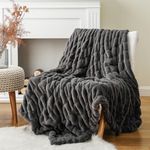 BATTILO HOME Luxury Grey Faux Fur Throw Blanket, Double Side Ruched Rabbit Fur Blanket for Couch, Bed, Cozy Soft Warm Blanket, 50x60 Inches