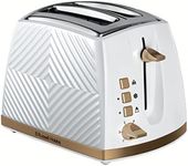 Russell Hobbs Groove 2 Slice Toaster (High Lift, Extra Wide Slots, 6 Browning levels, Frozen/Cancel/Reheat function - Illuminated buttons, Removable crumb tray, 850W, White, Brushed gold accents)26391