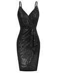 GRACE KARIN Women's Club Night Out Dresses V-Neck Ruched Sequin Glitter Dress Sexy Sleeveless Bodycon Pencil Dress Black M