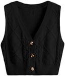 Verdusa Women's Button Up Sleeveless Sweater Vest Cable Knit Crop Top Outerwear Solid Black Large