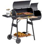 Outsunny Large Charcoal Barbecue Grill with Offset Smoker, Barrel BBQ Trolley with 3 Storage Shelves & Built-in Thermometer for Outdoor Garden Cooking, Black