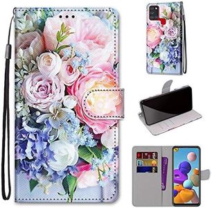 SATURCASE Case for Samsung Galaxy A21S, Beautiful PU Leather Flip Magnet Wallet Stand Card Slots Hand Strap Protective Cover for Samsung Galaxy A21S (DH-7)