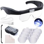 Head Magnifying Glass with Light Rechargeable Headband Magnifier for Close Work Interchangeable Lenses 1.5X 2.5X 3.5X 5X for Jeweler Loupe, Arts and Crafts, Hobby (Black)