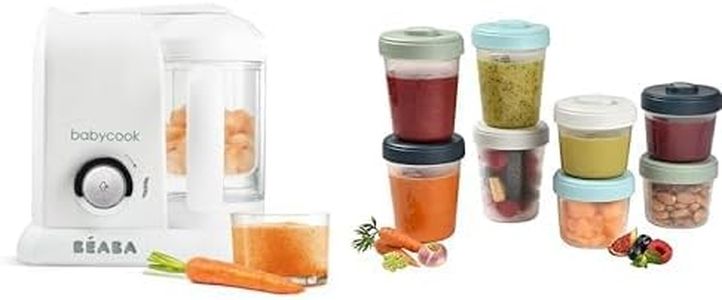 BÉABA, Babycook Solo, Robot Bébé 4 en 1 Mixeur-Cuiseur, Cuisson Vapeur, Diversification alimentaire, Petits pots bébé maison, White/Silver & Lot de 8 Portions Conservation Clip