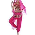 VRITRAZ Women's Chiffon Belly Dance Sequin Chiffon Top, Harem Pants and Hip Scarf Ringy Fancy Pants (Pink)