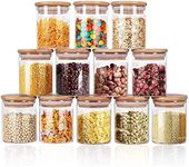 12 PCs Set Glass Jars with Bamboo Lids, 250ml Clear Glass Food Storage Containers with labels, Wide Mouth Glass Kitchen Canister with Airtight Bamboo Lids for Beans, Tea, Nuts and More Dry Goods