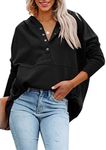 AlvaQ Womens Hoodies Lightweight V Neck Button Down Sweatshirts Ribbed Long Sleeve Sweat Shirts Loose Fit Pullover Tops Black Large