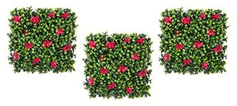 Golden Cart Plastic Artificial Wall Grass For Home Decoration (3 Pcs) I Grass Mat For Wall I Vertical Garden Artificial Wall Plants (Lemon Green With Large Red Flowers, 50Cm X 50Cm X 5Cm, Pack Of 3)
