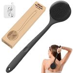 ManmiHealth Silicone Back Scrubber(Thin Bristles), 15'' Long Handle Body Scrubber, Light & Easy-to-Hold Shower Brush for Skin Cleaning and Exfoliating with a Free Hook, Good in Lathering. (Black)