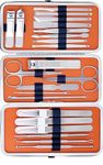 Beauté Secrets Manicure Set, 22 in 1 Stainless Steel Professional Pedicure Kit Nail Scissors Grooming Kit with Mirror and Blue Leather Travel Case, Double Layer, Complete Nail Cutter Set for Adults, Nail Care, and Nail Art – Grooming Kit for Men and Women, Orange