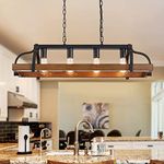 WUZUPS 4-Light Metal Pot Hanging Rack Chandelier Imitation Wood Grain Linear Pendant Ceiling Lighting Rustic Farmhouse Fixture Kitchen Island Dining Room, H25 x L88 x W30, E27 Base, Black