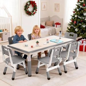 Garvee Kids Table and 6 Chair Set,47 in Modern Height Adjustable Toddler Table and 6 Chairs Set with Non-Slip Desk Legs& Organizer Graffiti Desktop,Preschool Activity Art Craft Tables for 6（Gray