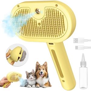 Pecait 3 In 1 Steamy Brush with Release Button and Tank, Anti-Static Pet Brush for Long and Short Hair Pets to Remove Tangles and Loose Fur (Yellow)