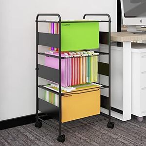 Natwind 3-Tier Metal Rolling File Cart with Wheels for Letter Size Legal Size Hanging Files Mobile File Folder Rack with Pull-Out Drawer File Organizer Cabinet for Home Office（Black）