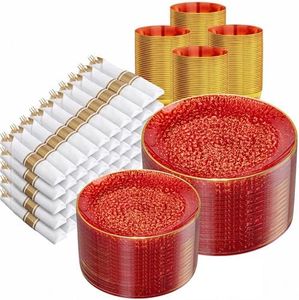Rubtlamp 700Pcs Red Gold Plastic Dinnerware Set, Hammered Red Gold Plates, Fancy Plastic Plates Include 100 Dinner Platos, 100 Salad Platos, 100 Cups,100 Pack Pre Rolled gold plastic Silverware